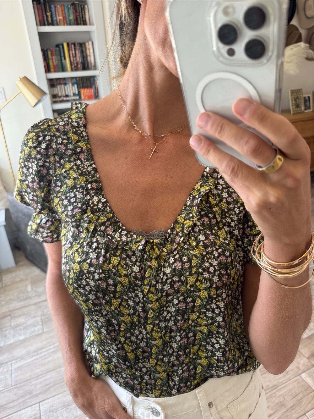 J. Crew Olive Floral Square-Neck Puff Sleeve Blouse